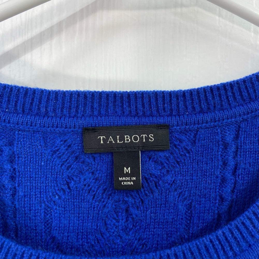 Talbots electric‎ blue cable knit button lambswool soft knit crewneck sweater M - Picture 4 of 8